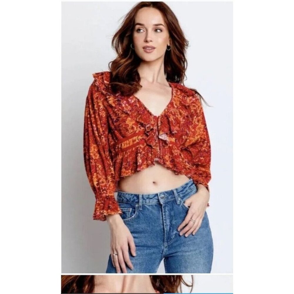 Free People Orange Ruffled Fairy Cropped top size Large New Boho Peasant